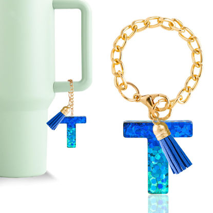 Picture of Letter Charm Accessories for Stanley Cup 1 PCS Cute Initial Keychain Handle Charm for Stanley Tumbler for Women Blue Letter T