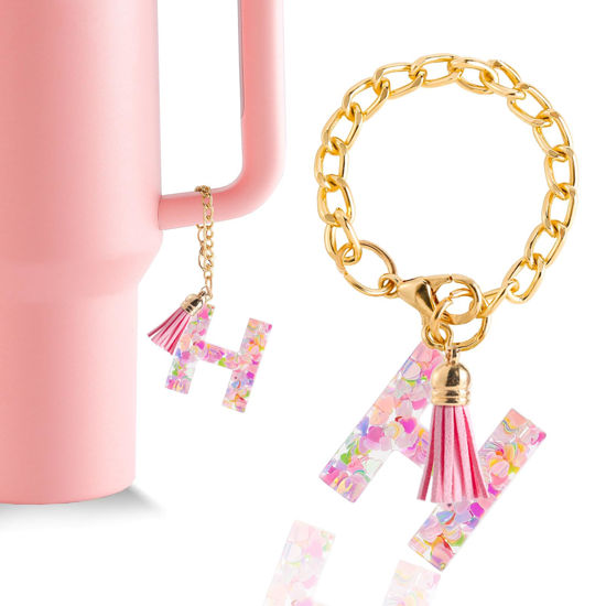 Picture of Letter Charm Accessories for Stanley Cup 1 PCS Cute Initial Keychain Handle Charm for Stanley Tumbler for Women Pink Letter H