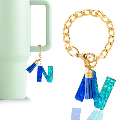 Picture of Letter Charm Accessories for Stanley Cup 1 PCS Cute Initial Keychain Handle Charm for Stanley Tumbler for Women Blue Letter N