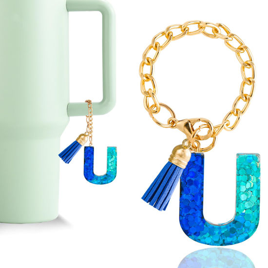 Picture of Letter Charm Accessories for Stanley Cup 1 PCS Cute Initial Keychain Handle Charm for Stanley Tumbler for Women Blue Letter U