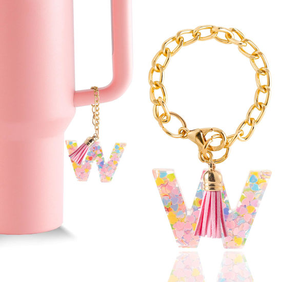 Picture of Letter Charm Accessories for Stanley Cup 1 PCS Cute Initial Keychain Handle Charm for Stanley Tumbler for Women Pink Letter W