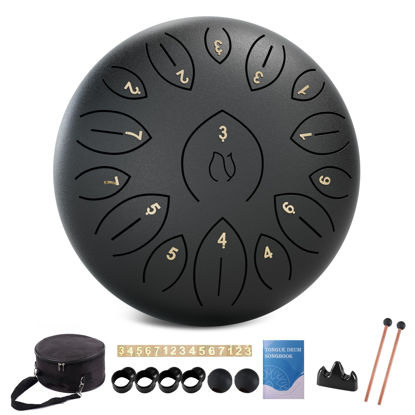 Picture of Steel Tongue Drum 12 Inch 15 Notes, Steel Drums Instruments for Kids Adults, Hand Pan Drum with Music Book, Drum Mallets and Carry Bag, Handpan C Major, Black