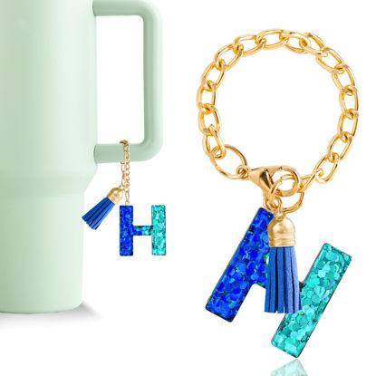 Picture of Letter Charm Accessories for Stanley Cup 1 PCS Cute Initial Keychain Handle Charm for Stanley Tumbler for Women Blue Letter H