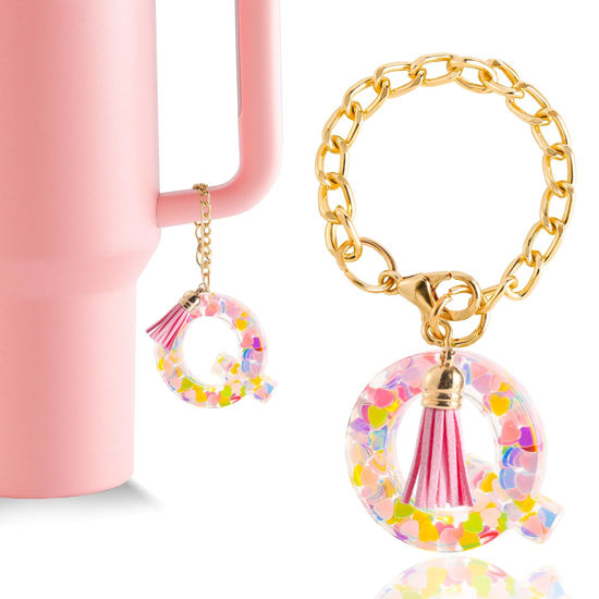 Picture of Letter Charm Accessories for Stanley Cup 1 PCS Cute Initial Keychain Handle Charm for Stanley Tumbler for Women Pink Letter Q