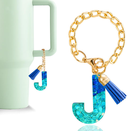Picture of Letter Charm Accessories for Stanley Cup 1 PCS Cute Initial Keychain Handle Charm for Stanley Tumbler for Women Blue Letter J