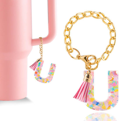 Picture of Letter Charm Accessories for Stanley Cup 1 PCS Cute Initial Keychain Handle Charm for Stanley Tumbler for Women Pink Letter U