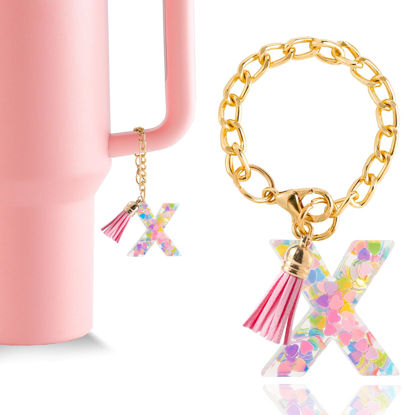 Picture of Letter Charm Accessories for Stanley Cup 1 PCS Cute Initial Keychain Handle Charm for Stanley Tumbler for Women Pink Letter X
