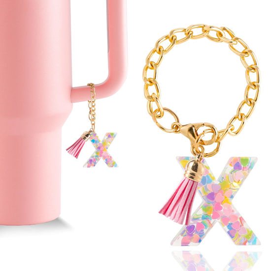 Picture of Letter Charm Accessories for Stanley Cup 1 PCS Cute Initial Keychain Handle Charm for Stanley Tumbler for Women Pink Letter X