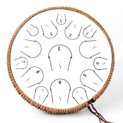 Picture of Steel Tongue Drum, 14 Inch 15 Note Hand Pan Drum, Tongue Drum Instrument with Music Book, Steel Handpan Drum Mallets and Carry Bag, C Major, Handpan Drum for adults (White)
