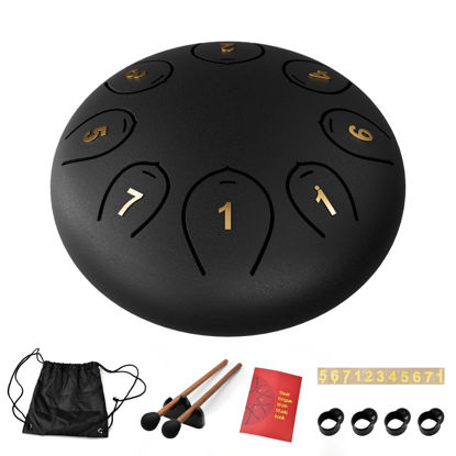 Picture of Steel Tongue Drum 6 Inch 8 Notes, Tongue Drum C major, Hang Drum Instrument, Handpan Drum for Kids, Ethereal Drum for Rain Meditation Yoga Musical Education, Black