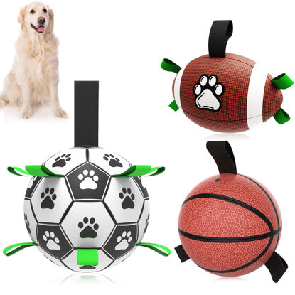 Picture of QDAN Dog Soccer Ball Football Basketball Set - 3 PCS Dog Balls with Strap for Tug of War, Soccer Ball Football Toys for Small Medium Large Dogs, Herding Ball for Dogs, Dog Birthday Toy