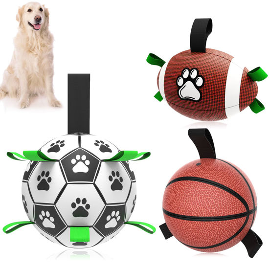 Picture of QDAN Dog Soccer Ball Football Basketball Set - 3 PCS Dog Balls with Strap for Tug of War, Soccer Ball Football Toys for Small Medium Large Dogs, Herding Ball for Dogs, Dog Birthday Toy