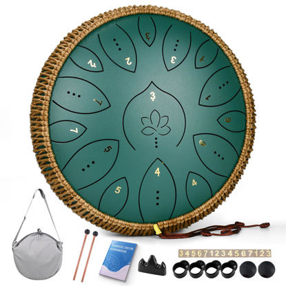 Picture of Steel Tongue Drum, 13 Inches 15 Notes Tongue Drum, Steel Drums for Adults, Steel Pan Drum Song Book, Hand Pan Drum Mallets, Handpan C Major, Green