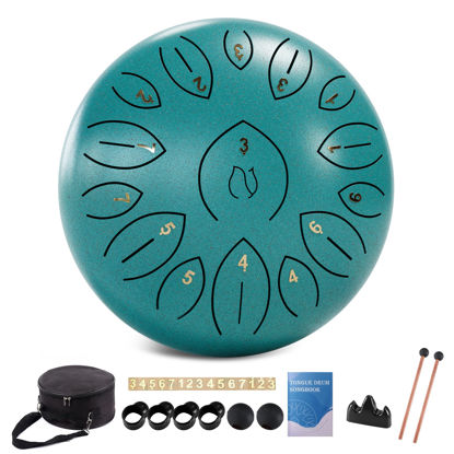 Picture of Steel Tongue Drum 12 Inch 15 Notes, Steel Drums Instruments for Kids Adults, Hand Pan Drum with Music Book, Drum Mallets and Carry Bag, Handpan C Major, Malachite Green