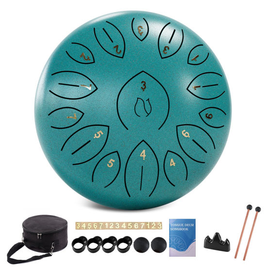Picture of Steel Tongue Drum 12 Inch 15 Notes, Steel Drums Instruments for Kids Adults, Hand Pan Drum with Music Book, Drum Mallets and Carry Bag, Handpan C Major, Malachite Green