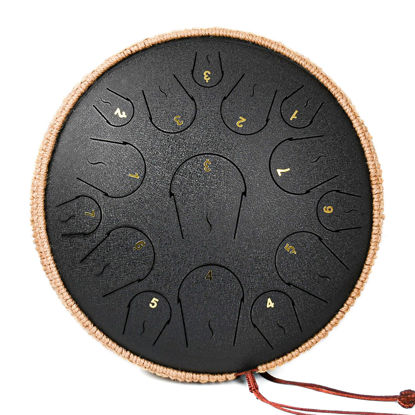 Picture of Steel Tongue Drum 14 Inch 15 Notes, Tongue Drum C Major, Steel Drums for Adults, Hang Drum Instrument, Hand Pan Drum with Music Book, Handpan Mallets, Carry Bag, C Major, Black