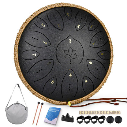 Picture of Steel Tongue Drum, 13 Inches 15 Notes Tongue Drum, Steel Drums for Adults, Steel Pan Drum Song Book, Hand Pan Drum Mallets, Handpan C Major, Black