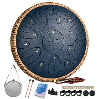 Picture of Steel Tongue Drum, 13 Inches 15 Notes Tongue Drum, Steel Drums for Adults, Steel Pan Drum Song Book, Hand Pan Drum Mallets, Handpan C Major, Navy Blue
