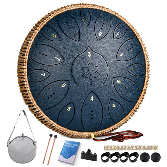 Picture of Steel Tongue Drum, 13 Inches 15 Notes Tongue Drum, Steel Drums for Adults, Steel Pan Drum Song Book, Hand Pan Drum Mallets, Handpan C Major, Navy Blue