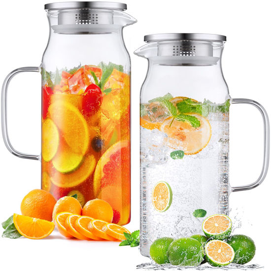 Picture of 2 Pack 2 Liter 68 oz 2.1 Qt Glass Pitcher with Lid and Spout, Bivvclaz Water Pitcher for Fridge, Glass Carafe for Hot/Cold Water, Large Iced Tea Pitcher for Coffee, Juice and Homemade Beverage