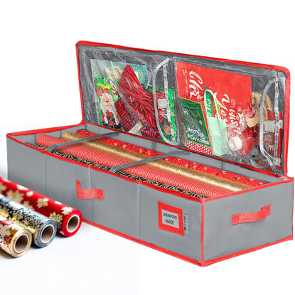 Picture of Premium Wrapping Paper Storage Container -Durable Material 600D tear-proof - Fits up to 27 Paper Rolls -Extra Pockets for Ribbons & Bows. Underbed Gift Wrap Organizer, Ideal for Holiday Christmas, etc