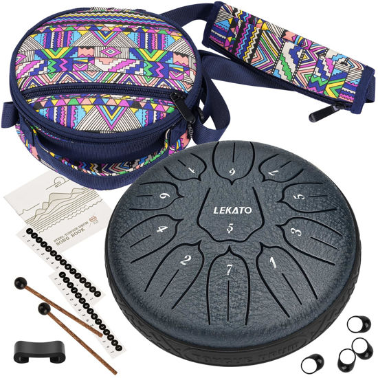 Picture of LEKATO Steel Tongue Drum With Bag, 6 Inch 11 Notes Steel Drum Beginner handpan Drum Percussion for Meditation Yoga Musical Education, Navy Blue