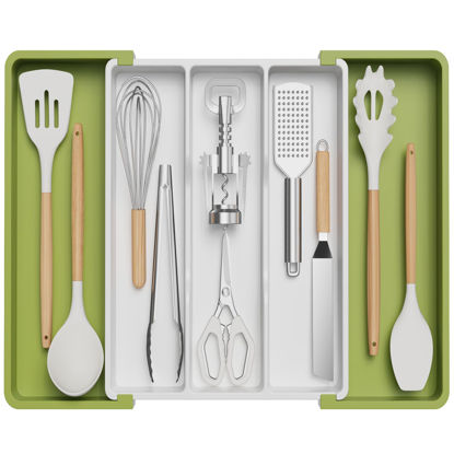 Picture of Lifewit Utensil Organizer for Kitchen Drawers, Expandable Cooking Utensil Tray, Adjustable Cutlery Silverware Flatware Holder, Plastic Spatula Tools and Gadgets Storage Divider, Large, Green&White