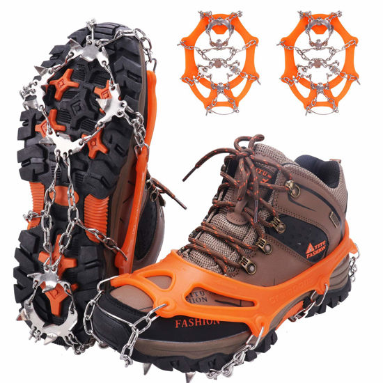 Picture of WIN.MAX Crampons for Shoes, Traction Cleats Ice Snow Grips with 19 Stainless Steel Spikes, Shoe Talons Anti - Slip Boots Spikes for Walking, Jogging, Climbing and Hiking (Orange, XL)