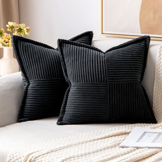 Picture of MIULEE Corduroy Pillow Covers with Splicing Set of 2 Super Soft Couch Pillow Covers Broadside Striped Decorative Textured Throw Pillows for Cushion Bed Livingroom 18 x 18 inch, Black