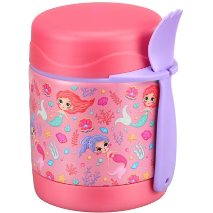 Picture of Pawtong 10oz Soup Thermo for Hot Food Kids Insulated Food Jar,Thermo Hot Food Lunch Container, Width Mouth Stainless Steel Lunch Box for Kids with Spoon (Pink-mermaid)