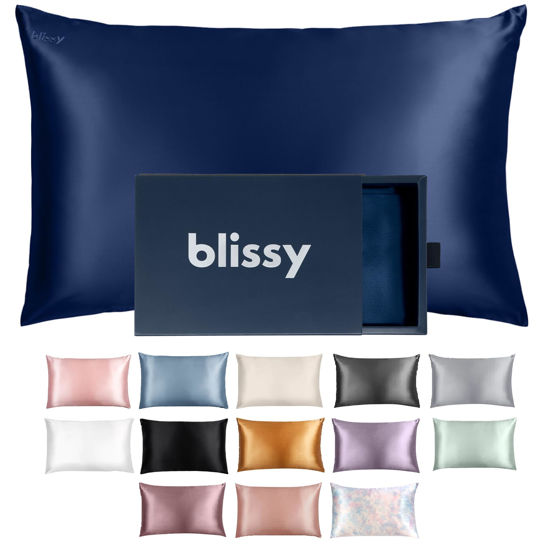 Picture of Blissy Silk Pillowcase - 100% Pure Mulberry Silk - 22 Momme 6A High-Grade Fibers - Silk Pillow Cover for Hair & Skin - Regular, Queen & King with Hidden Zipper (Queen, Blue)