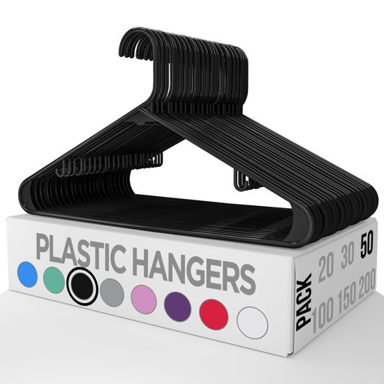 Picture of Utopia Home Plastic Hangers 50 Pack - Clothes Hanger with Hooks - Durable & Space Saving Coat Hanger - Heavy Duty Black Hangers - Skirt Hangers
