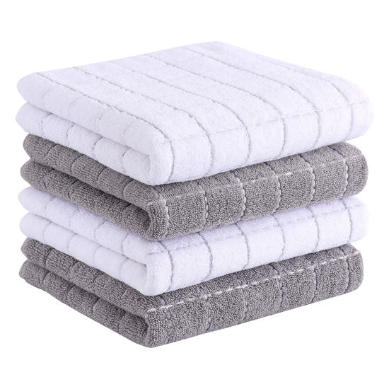 Picture of Homaxy 100% Cotton Terry Kitchen Towels(Mixed Color, 13 x 28 Inches), Checkered Designed, Soft and Super Absorbent Dish Towels, 4 Pack