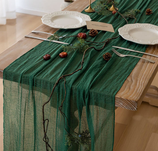 Picture of Keketo 6pcs Christmas Emerald Green Cheesecloth Table Runner Gauze 120 Inch 10 FT Rustic Boho Cheese Cloth Runner for Wedding Baby Shower Bridal Shower Birthday Party Long Sheer Home Decorations