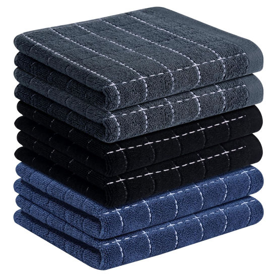 Picture of Homaxy 100% Cotton Terry Kitchen Towels(Navy+Grey+Black, 13 x 28 inches), Checkered Designed, Soft and Super Absorbent Dish Towels, 6 Pack