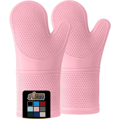 Picture of Gorilla Grip BPA-Free Soft Silicone Oven Mitts, Heat Resistant Thick Cotton Lined Cooking Mitt Set, 14.5" Extra Long Flexible Potholders Protect Hands, Kitchen Essential Waterproof Gloves, Pink