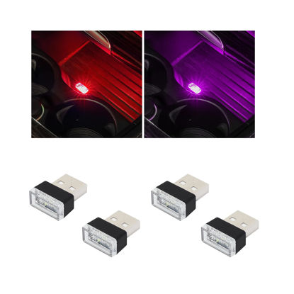 Picture of Augeny 4 PCS USB LED Car Interior Atmosphere Lamp, Plug-in USB Decor Night Light, Portable Auto Ambient Lighting Kit, Universal Vehicle Interior Accessories for Most Cars (2 Red+2 Purple)