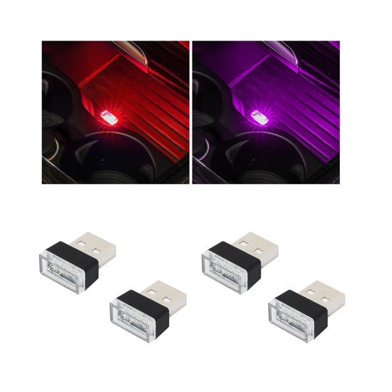 Picture of Augeny 4 PCS USB LED Car Interior Atmosphere Lamp, Plug-in USB Decor Night Light, Portable Auto Ambient Lighting Kit, Universal Vehicle Interior Accessories for Most Cars (2 Red+2 Purple)