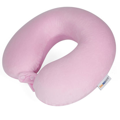 Picture of SAIREIDER Travel Neck Pillow 100% Pure Memory Foam Airplane Pillow for Head Support,Soft Adjustable Pillow for Plane, Car & Home Recliner (Pink)