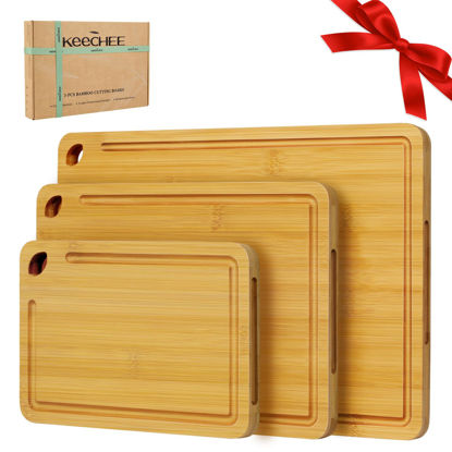 Picture of Keechee Wood Cutting Board for Kitchen - Reversible Bamboo Cutting Boards Gift Set of 3 with Juice Groove, Wooden Chopping Board for Meat, Fruit, Vegetables & Cheese (Pre Oiled, Natural)