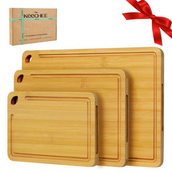 Picture of Keechee Wood Cutting Board for Kitchen - Reversible Bamboo Cutting Boards Gift Set of 3 with Juice Groove, Wooden Chopping Board for Meat, Fruit, Vegetables & Cheese (Pre Oiled, Natural)