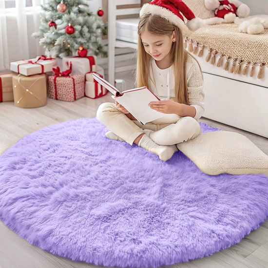 Picture of OLANLY Light Purple Round Rugs for Bedroom - Machine Washable, 4x4 Feet Circle Area Rugs for Living Room, Soft and Fluffy Shaggy Carpet for Teen Girls and Boys, Nursery Rooms, Home Decor Aesthetic