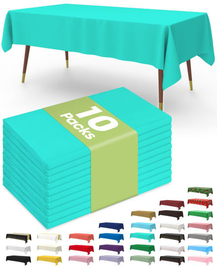 Picture of Pureegg Plastic Table Cloth Disposable 10 Pack, 54 x 108 Inch Table Cloths for Parties, Decorative Tablecloths for Rectangle Tables, Blue Plastic Table Cover, Leakproof & Sturdy, Teal