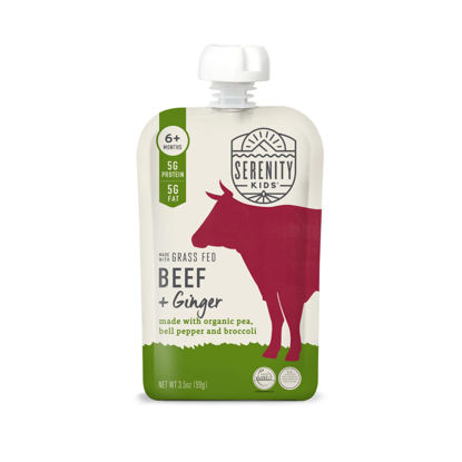 Picture of Serenity Kids 6+ Months Baby Food Pouches Puree Made With Ethically Sourced Meats & Organic Veggies | 3.5 Ounce BPA-Free Pouch | Grass Fed Beef & Ginger, Pea, Bell Pepper, Broccoli | 1 Count