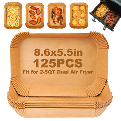 Picture of Air Fryer Disposable Paper Liners: 125Pcs Rectangle 8.6x5.5" Parchment Paper Non-stick Food Grade Liners for Dual Basket | Rectangular Air Fryer