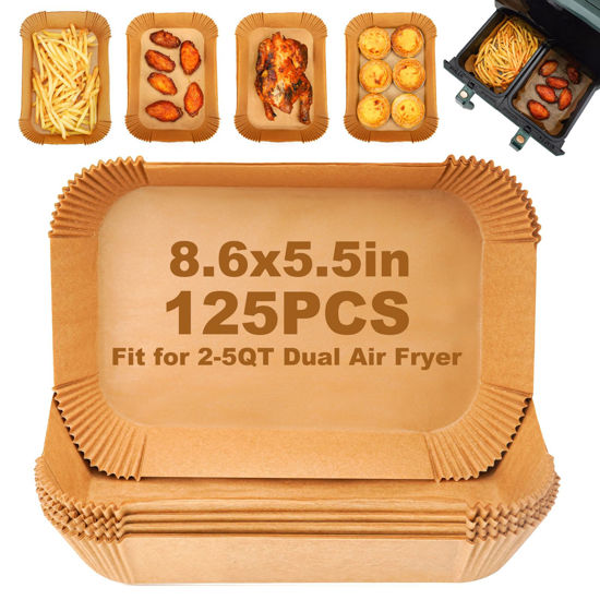 Picture of Air Fryer Disposable Paper Liners: 125Pcs Rectangle 8.6x5.5" Parchment Paper Non-stick Food Grade Liners for Dual Basket | Rectangular Air Fryer