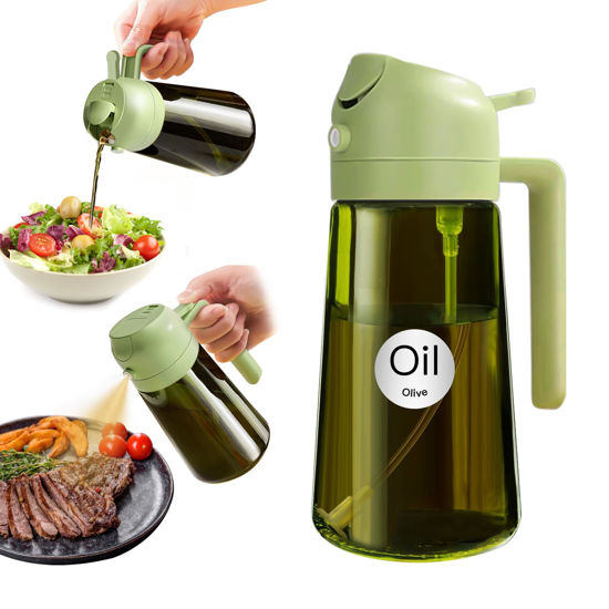 Picture of YARRAMATE 16oz/470ml Light-Blocking Dark Oil Sprayer for Cooking, 2 in 1 Olive Oil Dispenser Bottle for Kitchen, Premium Dark Green Glass Oil Bottle, Food-Grade Oil Mister for Air Fryer, BBQ (Green)