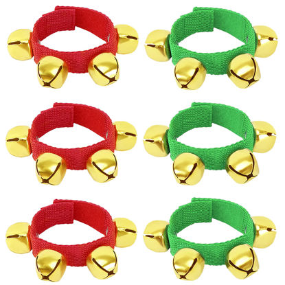 Picture of Augshy 6 Packs Christmas Wrist bands Jingle Bells with Gold Bells, Bracelet Ankle Bells Musical Instruments for Christmas Gifts Kids Party Favor Toys(3 Red and 3 Green)