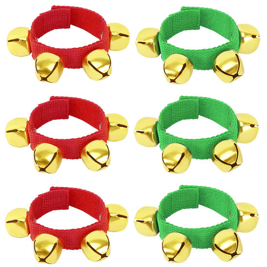 Picture of Augshy 6 Packs Christmas Wrist bands Jingle Bells with Gold Bells, Bracelet Ankle Bells Musical Instruments for Christmas Gifts Kids Party Favor Toys(3 Red and 3 Green)