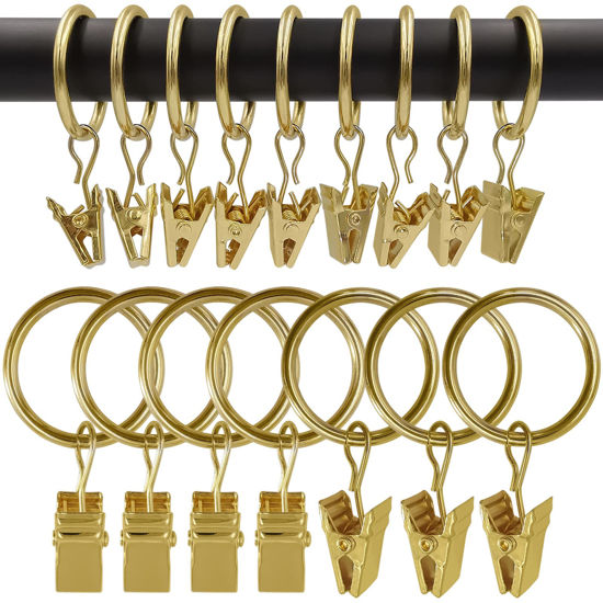 Picture of AMZSEVEN 100 Pack Metal Curtain Rings with Clips, Curtain Hangers Clips, Drapery Clips with Rings, Drapes Rings 1 in Interior Diameter, Fits Diameter 5/8 in Curtain Rod, Gold Color